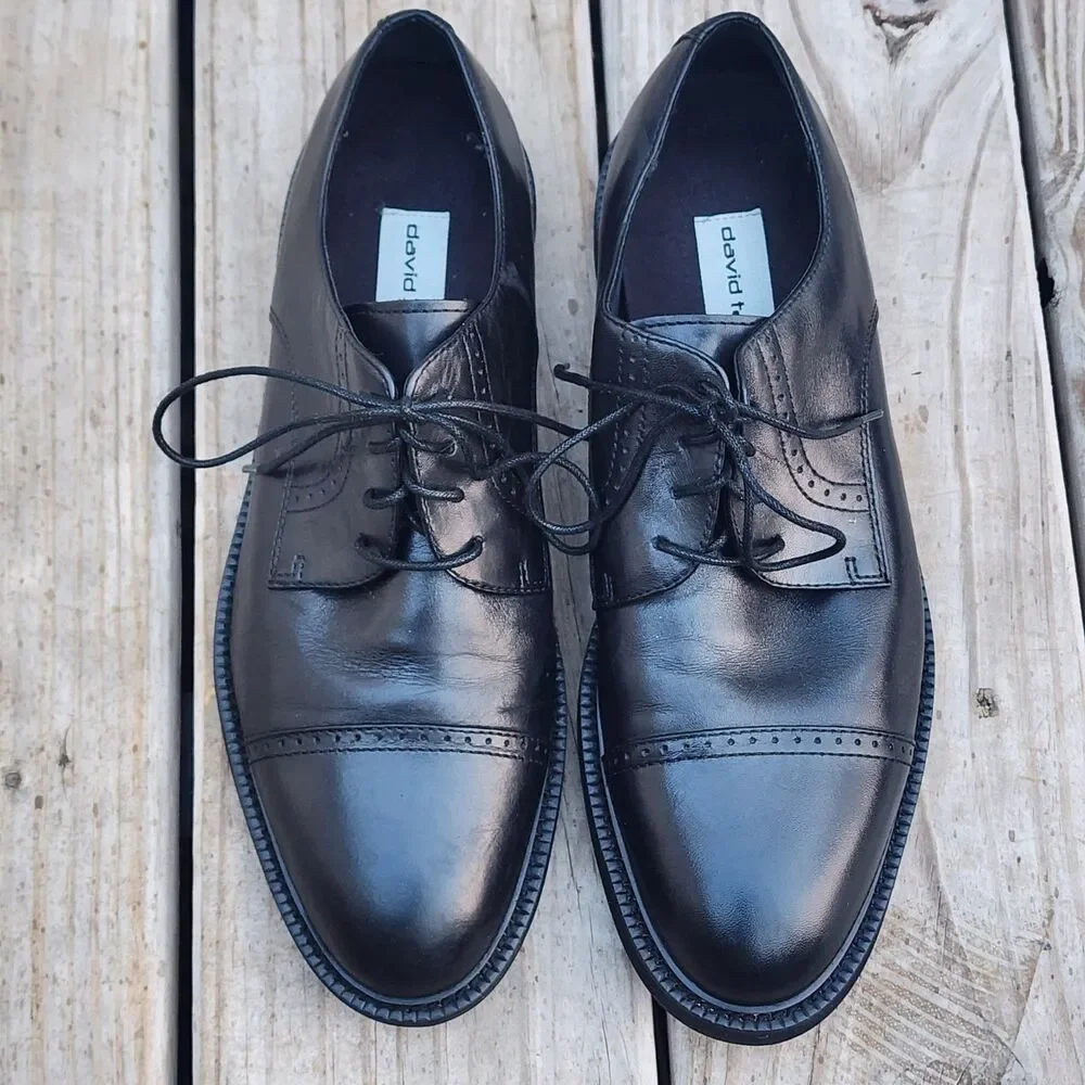 David Taylor Men’s Size 8.5 Oxford Black Leather Brogue Round Cap Toe Lace Shoes